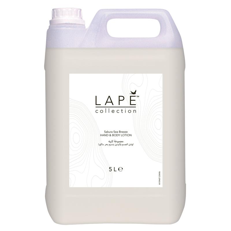 The 5-liter canister of the LAPE Earth Collection Sakura Sea Breeze Hand & Body Lotion by Diversey Germany has a floral-fresh scent, a handle, a screw cap, and a white label with black text and abstract line motifs.