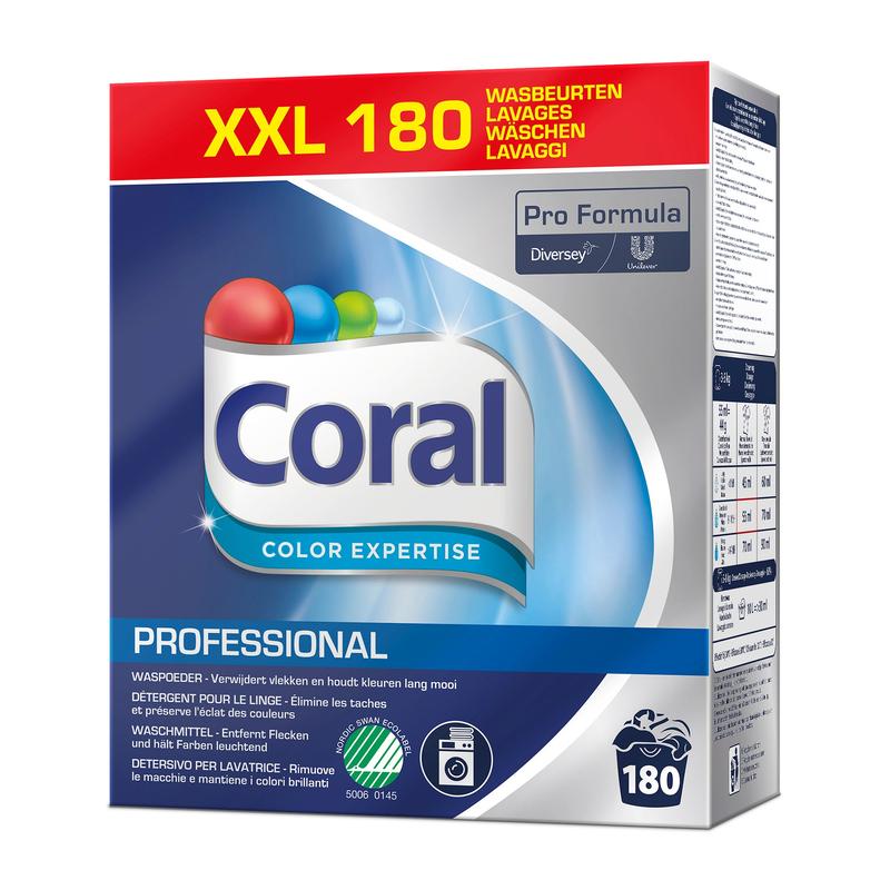 A can of Coral Professional Color Expertise Color Detergent (180 washes, 8 kg powder) from Diversey Deutschland GmbH & Co. OHG with Pro Formula branding, blue design, and offers color and fiber protection for vibrant colors.