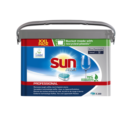 Ein Kunststoffeimer Sun Professional All in 1 Tabs für die Geschirrspülmaschine von Diversey Deutschland GmbH & Co. OHG, XXL-Packung mit 200 Tabs, 70 % natürliche Inhaltsstoffe, Ecolabel-zertifiziert; Eimer aus recyceltem Kunststoff.