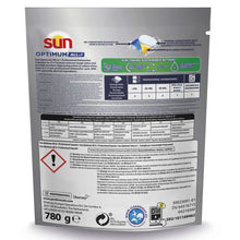 Auf der Rückseite einer Sun Professional Optimum All in One Spülmaschinenkapseln (52 Tabs, 780g) von Diversey finden Sie Informationen zur Verwendung und Sicherheit, eine Dosierungsanleitung, Inhaltsstoffe, Angaben zum Recycling, Produktcodes und Unternehmensinformationen für Ihre Spülmaschine.
