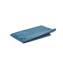 A folded blue plastic tarp DEISS 10115 (650+550x1350x0.1 mm) from EMIL DEISS KG, depicted with a small circular label on a white background - ideal as part of a professional packaging solution with cardboard (100 pieces).