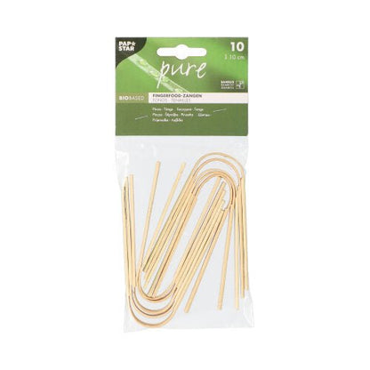 In a clear plastic package, there are 10 PAPSTAR bamboo finger food tongs (10 cm), ideal for snacks. On the top, there is a green-white label with the PAPSTAR GmbH brand and product information in multiple languages - perfect for parties.
