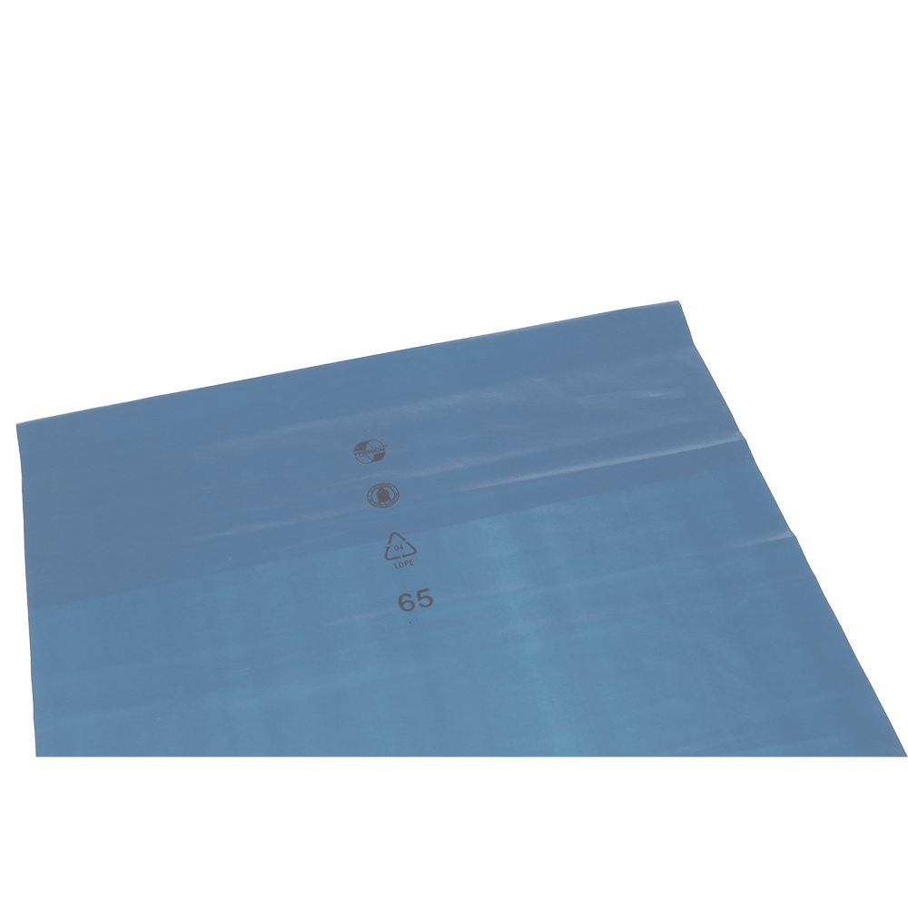 The DEISS 10309 packaging film (800x1000x0.07 mm, blue) from EMIL DEISS KG has three black symbols (including recycling with "65") and comes as a 250-roll pack - perfect for shipping packaging.