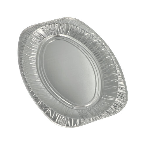 The Starpak 3 serving plates, aluminum from Starpak, are oval disposable aluminum trays with scalloped edges, ideal for elegant presentations and displayed on a plain white background.