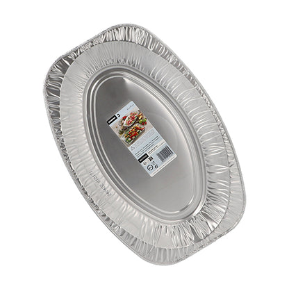 Starpak 3 serving plates, aluminum: Oval disposable aluminum trays from Starpak with a central label featuring product details and a food image, ideal for elegant presentations, depicted on a white background.