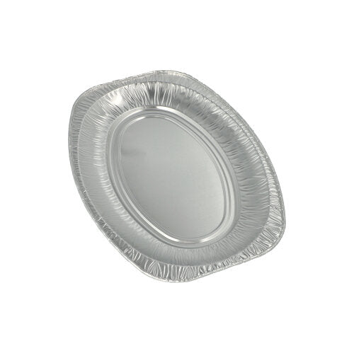 A set of three empty, oval Starpak 3 serving plates made of aluminum from Starpak is shown against a plain white background, ideal for elegant presentations.