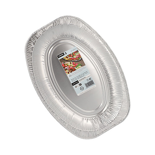 The Starpak 3 serving plates, aluminum from Starpak, are oval disposable aluminum trays with a central product label featuring food images and information. The trays are perfect for elegant presentations and are presented against a white background.