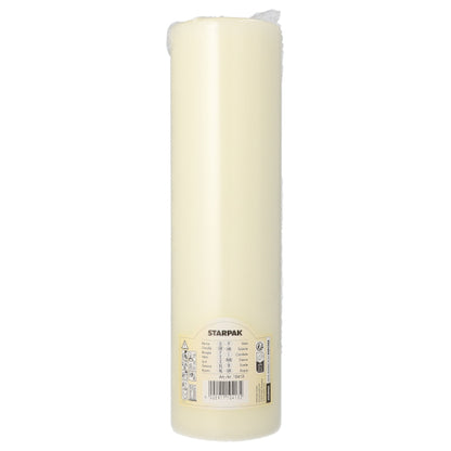 A PAPSTAR pillar candle with a flat head Ø 80 mm in ivory from PAPSTAR GmbH stands upright and features a flat design, a product label near the base, and a visible wick at the top.