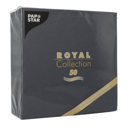 Pictured is a pack of 50 PAPSTAR GmbH napkins "ROYAL Collection" 1/4 fold, 40 x 40 cm in black, with black napkins in plastic packaging with elegant gold-white lettering.