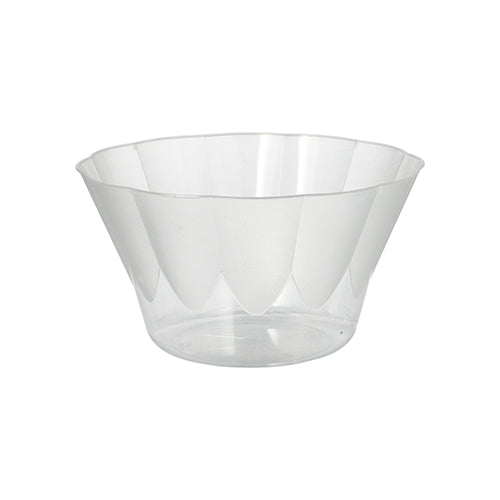 The Starpak 10 ice cream and dessert bowls round 400 ml, Ø 12 cm, 7 cm clear plastic bowls (10 pieces) have slightly flared sides and a flat bottom, ideal for desserts, depicted against a plain white background.