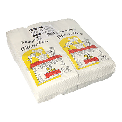 A stack of 100 Starpak chicken bags, paper with aluminum lining, eco-friendly, white, with chicken illustration, red and yellow oven, and the imprint "Crispy Chicken" on the front.