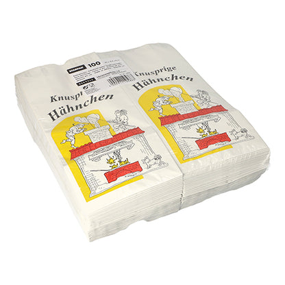 A stack of 100 Starpak chicken bags, paper with aluminum lining, eco-friendly, white, with chicken illustration, red and yellow oven, and the imprint "Crispy Chicken" on the front.