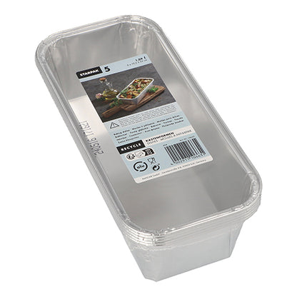 Starpak 5 loaf pans, aluminum rectangular (1.09 l, 6x10.2x23 cm), are rectangular baking pans in clear shrink wrap packaging. Each pack contains five pans with product information and a food photo on the lid - perfect for baking results.