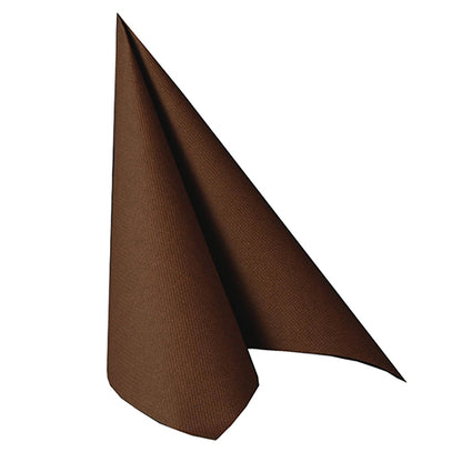 A single brown PAPSTAR 20 napkins "ROYAL Collection" 1/4-fold 40x40 cm from PAPSTAR GmbH is folded upright into a triangular, conical shape on a plain white background.