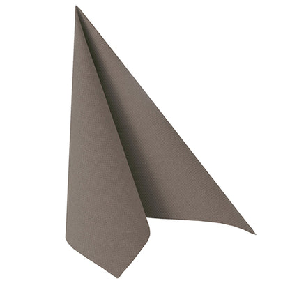 A single brown napkin from the ROYAL collection of PAPSTAR GmbH (20 napkins, 1/4-fold, 40x40 cm) is folded vertically into a triangle and forms an elegant table decoration against a plain white background.