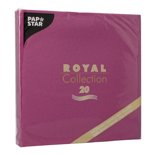 A sealed pack of 20 magenta PAPSTAR GmbH napkins "ROYAL Collection", 1/4-fold, 40x40 cm, with golden lettering and a small beige diagonal label in the bottom right corner.