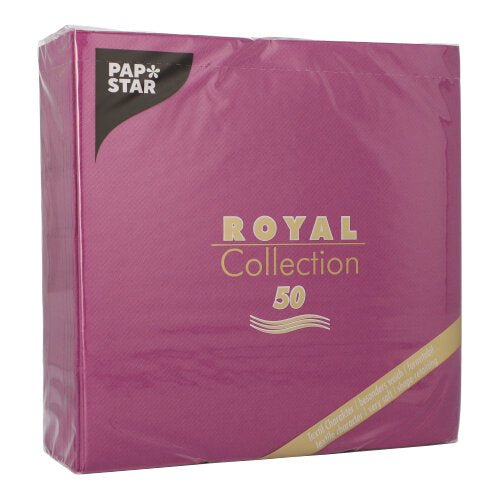 A pack of 50 PAPSTAR napkins "ROYAL Collection" 1/4-fold 40 x 40 cm in purple from PAPSTAR GmbH. The packaging has gold and white lettering and a triangular black label in the upper left corner.