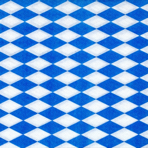 The PAPSTAR GmbH 100 napkins, 1-ply 1/4-fold 33 x 33 cm, are adorned with a blue and white diamond pattern in a Bavarian style and are FSC-certified and environmentally friendly.