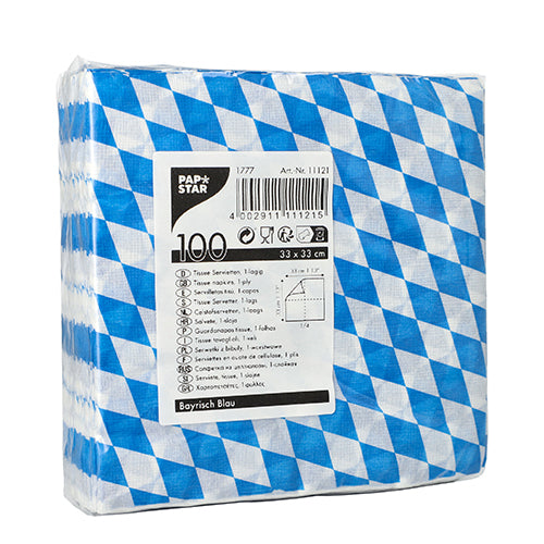 PAPSTAR GmbH 100 napkins, 1-ply 1/4-fold, 33 x 33 cm, with blue and white diamond pattern, environmentally friendly and FSC-certified; packaging shows details in multiple languages and the dimensions 33 x 33 cm.