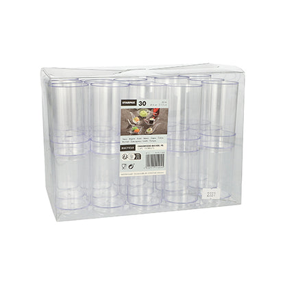 A transparent plastic package holds 30 Starpak finger food cups (PS, 60 ml, Ø 4 cm · 7.5 cm, clear glass), stacked in three rows. A front label shows product details and images of drinks served in the cups.