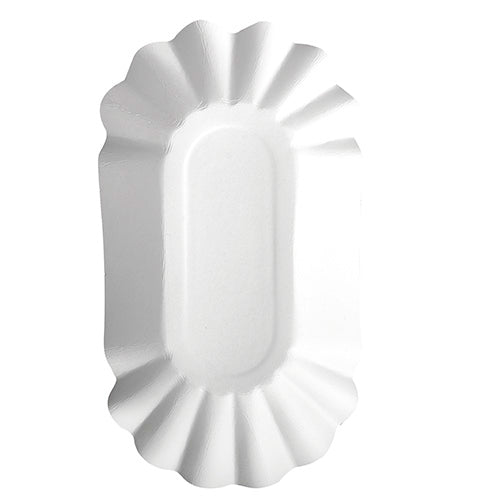 An oval, white, FSC-certified paper tray (PAPSTAR 250 bowls, cardboard "pure" oval white from PAPSTAR GmbH) with wavy edges, seen from above against a solid-colored background.
