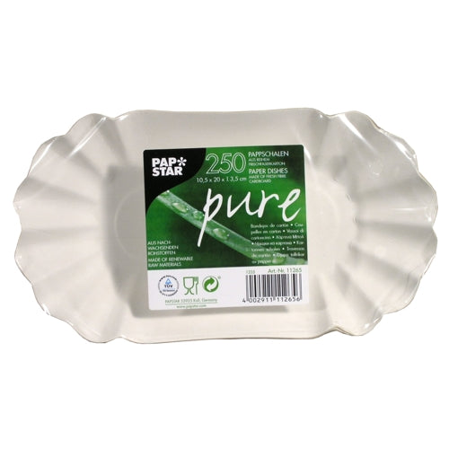 Depicted is a white, oval paper bowl with wavy edges. On the green label it says "PAPSTAR pure" and the note that these 250 compostable, FSC-certified, environmentally friendly bowls (from PAPSTAR GmbH) are made from sustainable cardboard.