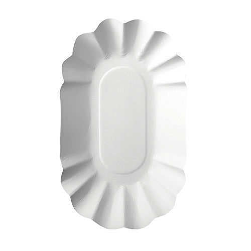 The oval white disposable plate "pure" from PAPSTAR GmbH (PAPSTAR 250 bowls) is FSC-certified, has a ribbed edge, and is depicted from above on a plain-colored background.
