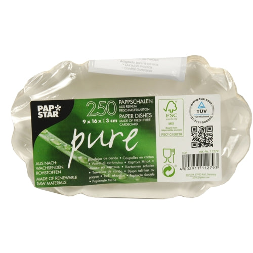 A pack of 250 PAPSTAR bowls, cardboard "pure" oval white from PAPSTAR GmbH - made from virgin fiber cardboard and FSC-certified, sustainable material, dimensions 9 x 16 x 3 cm.