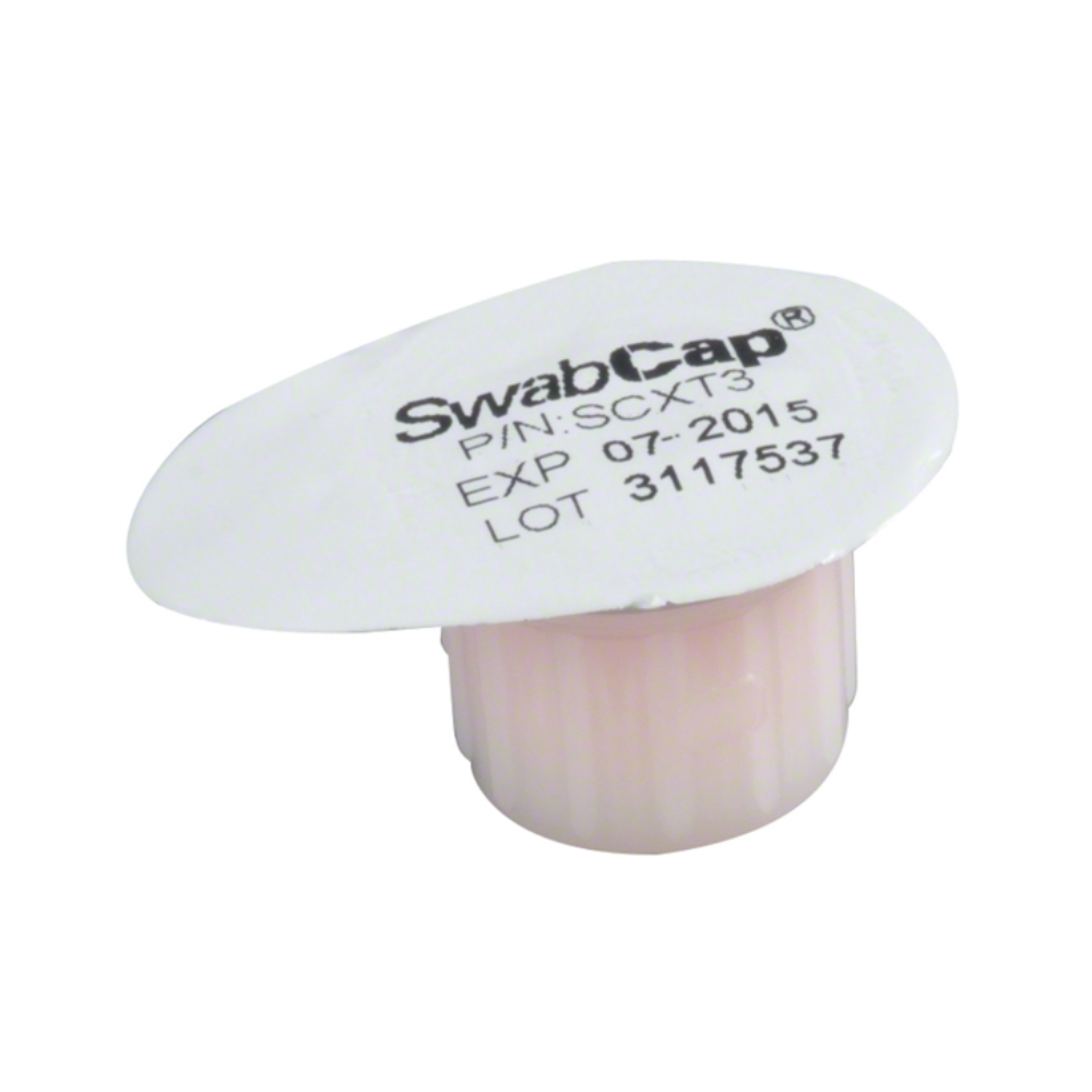 We present the B. Braun SwabCap® Luer Disinfection Cap – ideal for infusion therapy. This disposable cap disinfects IV connectors and impresses with its partially transparent pink design with black text, including part number, expiration date July 2015, and batch number 3117537.
