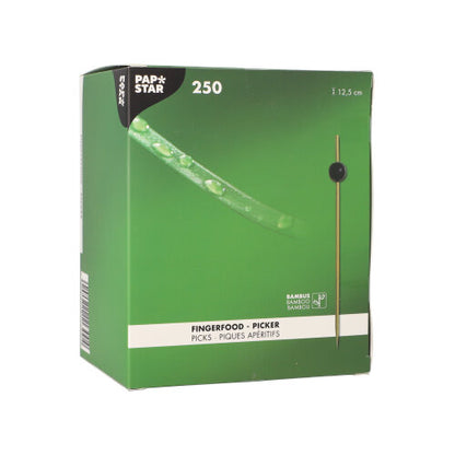 A green box with 250 finger food picks from PAPSTAR GmbH, each 12.5 cm long; on the front is a single biodegradable skewer and product information in several languages.