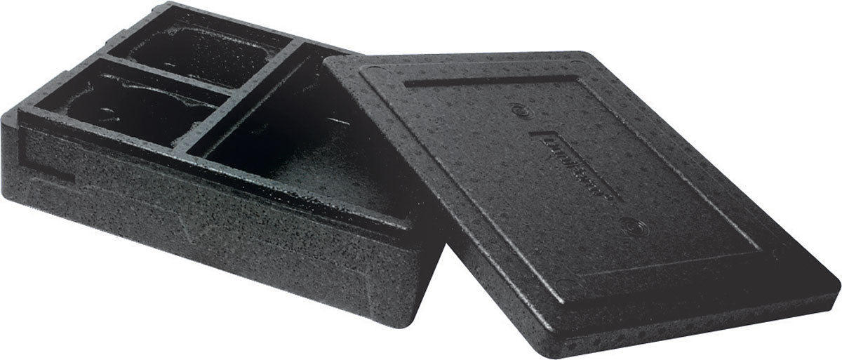 The Duni GmbH Thermobox 3 Black EPP is a black, rectangular insulated box with a fitted lid and internal compartments - ideal for keeping food and drinks warm during transport.