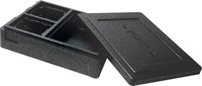 The Duni GmbH Thermobox 3 Black EPP is a black, rectangular insulated box with a fitted lid and internal compartments - ideal for keeping food and drinks warm during transport.
