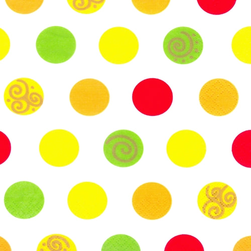 The PAPSTAR 20 napkins (33x33 cm, 3-ply) from PAPSTAR GmbH feature a uniform pattern of red, yellow, green, and orange dots - some with spiral patterns - on a white background. The Design Set 6 offers colorful decoration for any table.