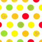 The PAPSTAR 20 napkins (33x33 cm, 3-ply) from PAPSTAR GmbH feature a uniform pattern of red, yellow, green, and orange dots - some with spiral patterns - on a white background. The Design Set 6 offers colorful decoration for any table.