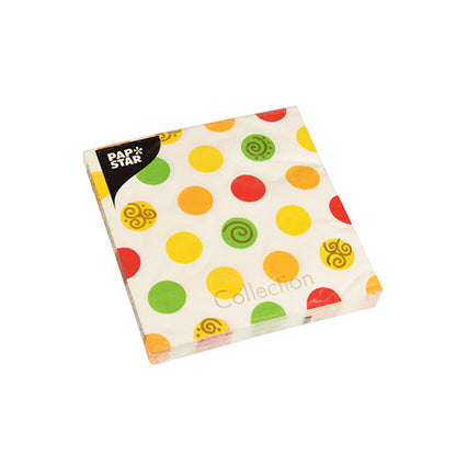 A pack of PAPSTAR GmbH 20 napkins, 33x33 cm, 3-ply (Design Set 6) with a white background and yellow, orange, green, and red dot patterns, partially with spirals; labeled "Pap Star Collection" at the corner.