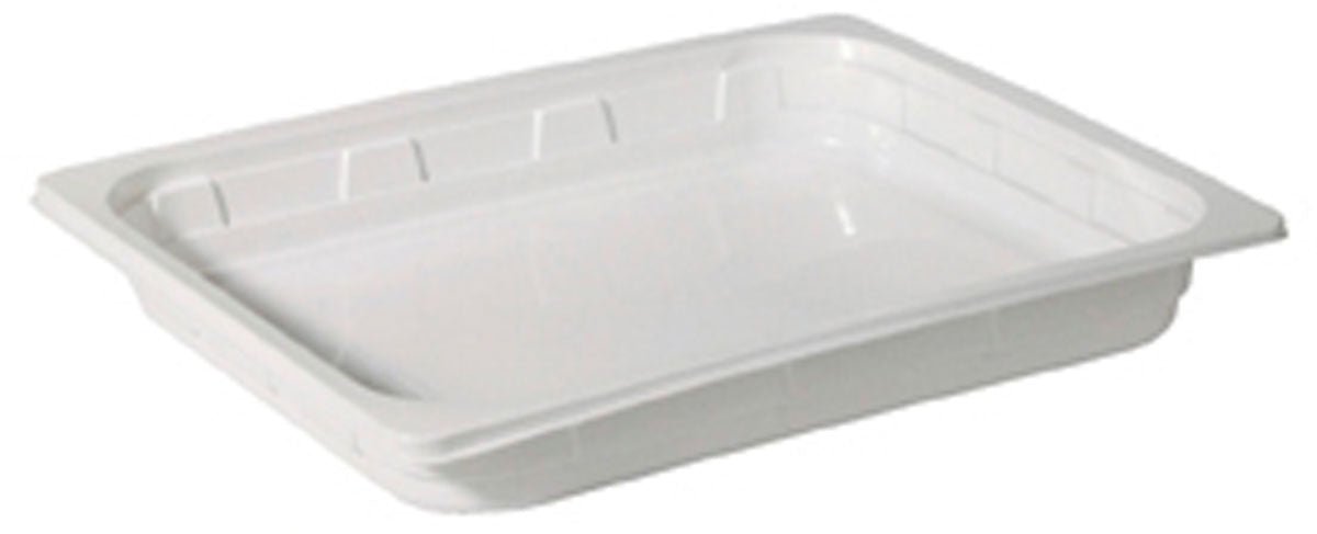 The Duni GmbH PP Tray 1/2 GN White PP 325x265 is a rectangular, flat, white tray with raised edges and a flat bottom, suitable for use in the catering industry and depicted on a solid white background.