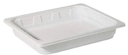 The Duni GmbH PP Tray 1/2 GN White PP 325x265 is a rectangular, flat white tray with a slightly raised edge, ideal for the catering industry and perfect as a 1/2 GN container. Depicted against a plain white background.