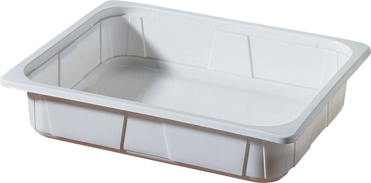 The Duni GmbH PP Tray 1/2 GN White PP 325x265 is a rectangular, flat, white tray with slightly raised sides and rounded corners, perfect for use in the catering industry and presented on a plain background.
