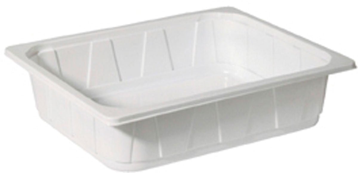 The Duni GmbH PP Tray 1/2 GN White PP 325x265 is a rectangular, flat white tray with beveled sides and raised edges - ideal for versatile use in the catering industry as a reliable 1/2 GN container.