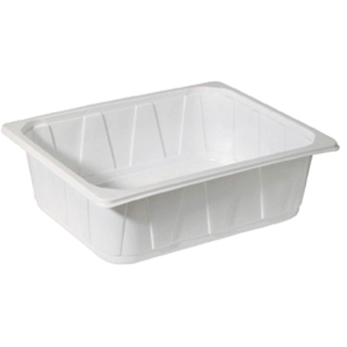 The Duni GmbH PP Tray 1/2 GN White PP 325x265 is a rectangular white container with slightly beveled sides and a wide edge, ideal for use in the catering industry, depicted on a plain white background.