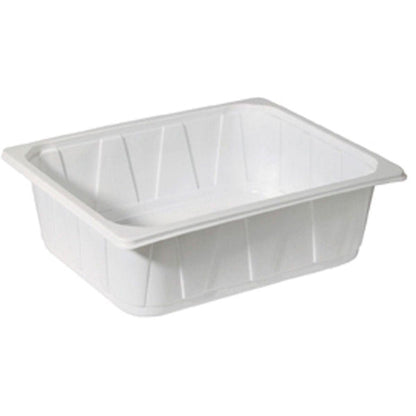 The Duni GmbH PP Tray 1/2 GN White PP 325x265 is a rectangular white container with slightly beveled sides and a wide edge, ideal for use in the catering industry, depicted on a plain white background.