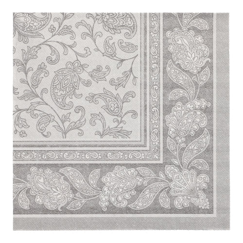 Square napkin from the ROYAL Collection by PAPSTAR GmbH, 40x40 cm, with a detailed, symmetrical floral and paisley pattern in light gray and white and an ornate, repeating floral border. The package contains 20 napkins, 1/4-folded.