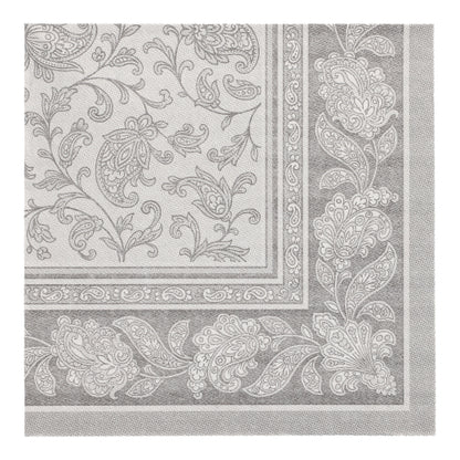 Square napkin from the ROYAL Collection by PAPSTAR GmbH, 40x40 cm, with a detailed, symmetrical floral and paisley pattern in light gray and white and an ornate, repeating floral border. The package contains 20 napkins, 1/4-folded.