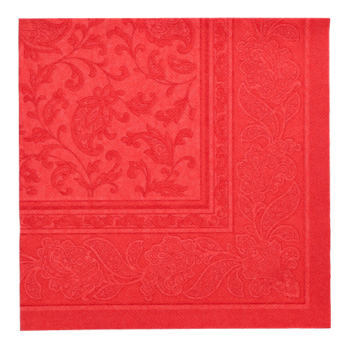 The PAPSTAR GmbH 20 Napkins "ROYAL Collection" 1/4-fold (40 x 40 cm) are square red premium fabric napkins with an embossed floral and paisley pattern, enhancing any set table elegantly.
