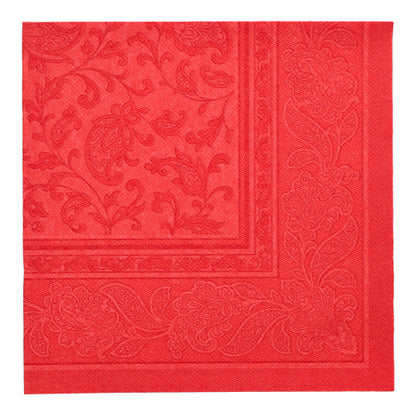 The PAPSTAR GmbH 20 Napkins "ROYAL Collection" 1/4-fold (40 x 40 cm) are square red premium fabric napkins with an embossed floral and paisley pattern, enhancing any set table elegantly.