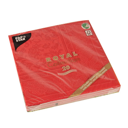 A pack of red PAPSTAR 20 napkins "ROYAL Collection" 1/4-fold (40x40 cm) from PAPSTAR GmbH, packaged in transparent plastic with certification logos at the top right and a black logo at the top left.
