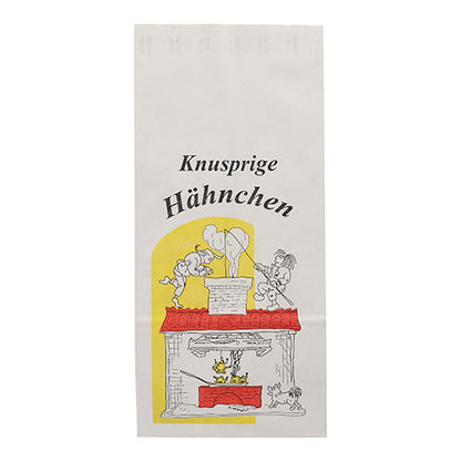 A Starpak 100 chicken bag made of paper with aluminum lining, white, with "Crispy Chicken" in German, cartoon of people by the fire and dog as well as chicken below, yellow background accent.