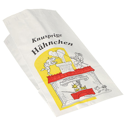 The Starpak 100 chicken bag from Starpak is an eco-friendly white paper bag with aluminum lining, with the text "Crispy Chicken" and a black-red-yellow illustration of people roasting chicken indoors.