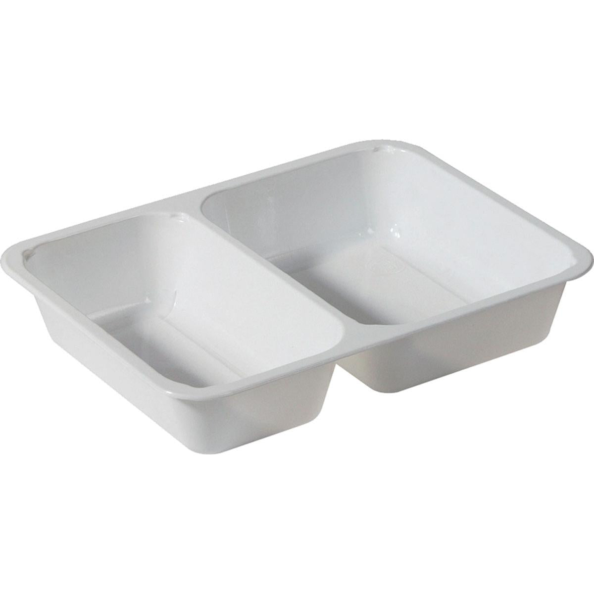 The white CPET tray 225x175 mm from Duni GmbH (43 mm deep, 2 compartments, microwave safe) is ideal for takeaway and is available in a pack of 300. One compartment is larger, the tray is made of plastic.