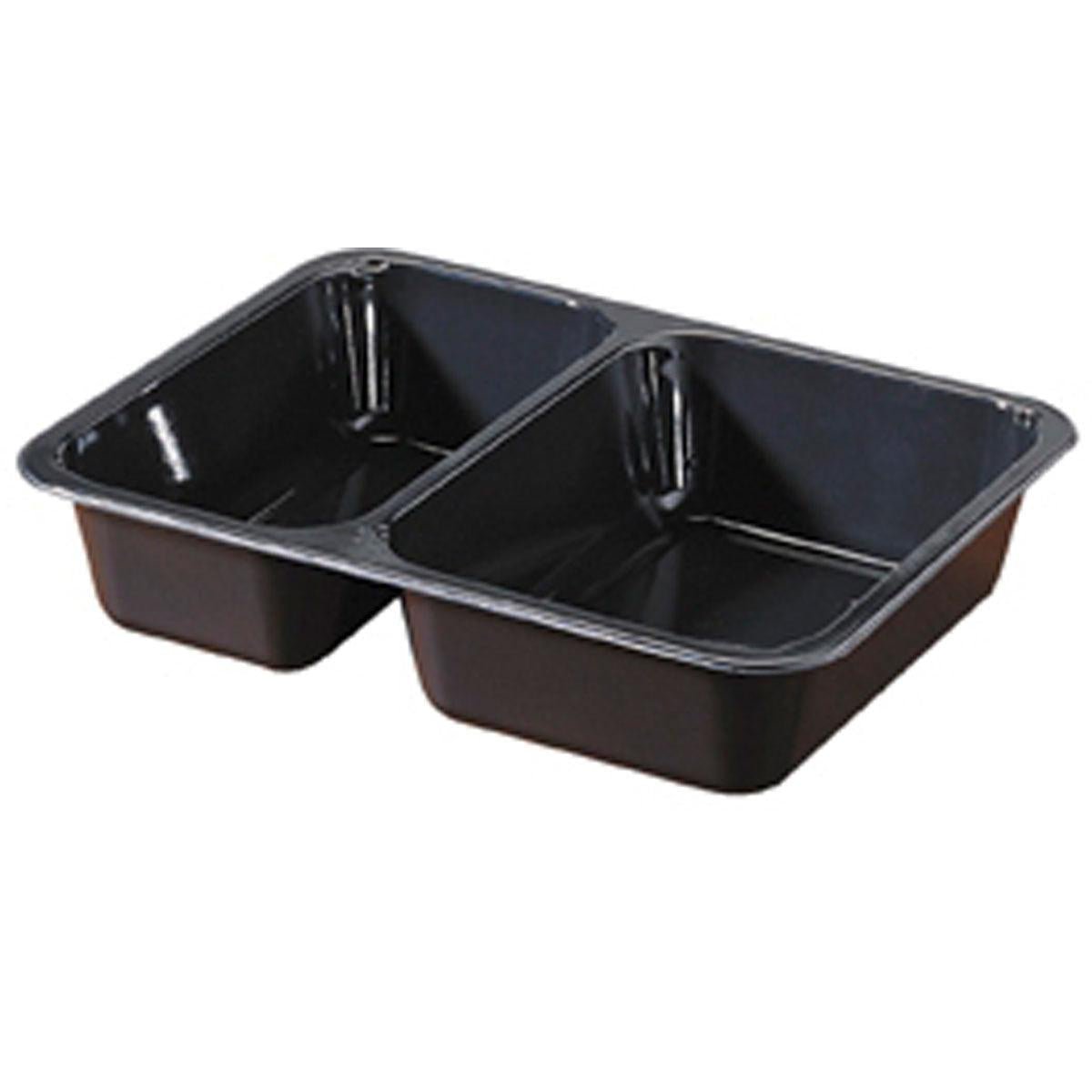 The CPET tray 225x175x43 mm from Duni GmbH with two rectangular compartments in black plastic packaging is ideal for food, e.g., ready meals or takeaway, and available in a pack of 300 pieces.